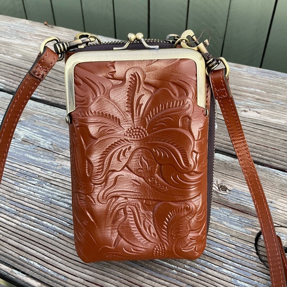 Patricia Nash Handbags - Patricia Nash Floral Embossed Tan Leather Crossbody Bag